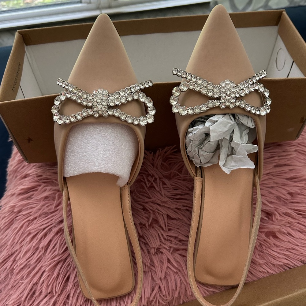 Elegant Tan Slingback Heels with Rhinestone Bow